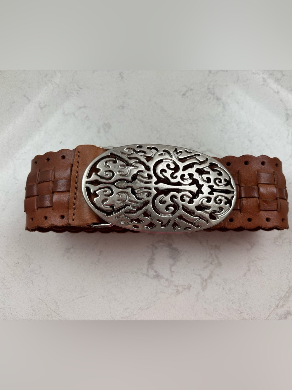 Liz Claiborne Flexi Braided Leather Belt with Ornate Silver Buckle - Brown